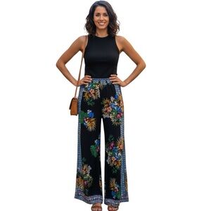 Flying Tomato Black Wide-Leg Floral Print Pants